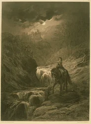 Moonlight Ride, kuvitus Alfred Tennysonin teoksesta "Idylls of the King", 1868